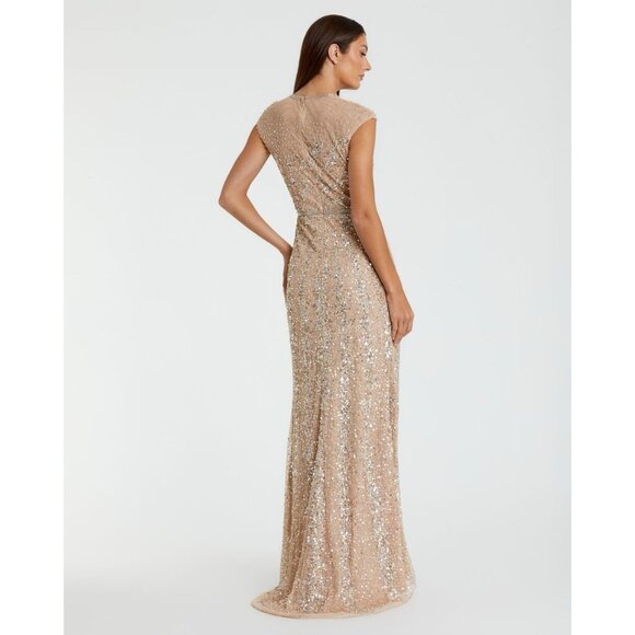 New Mac Duggal Size 8 Beige 5619 Embellished Illusion High Neck Cap Sleeve Gown - Picture 4 of 12